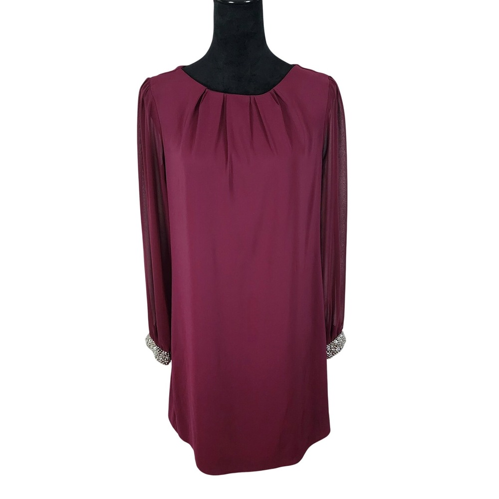 BILLIE & BLOSSOM Size 6 Burgundy Pleated Neckline Rhinestone Chiffon Shift Dress